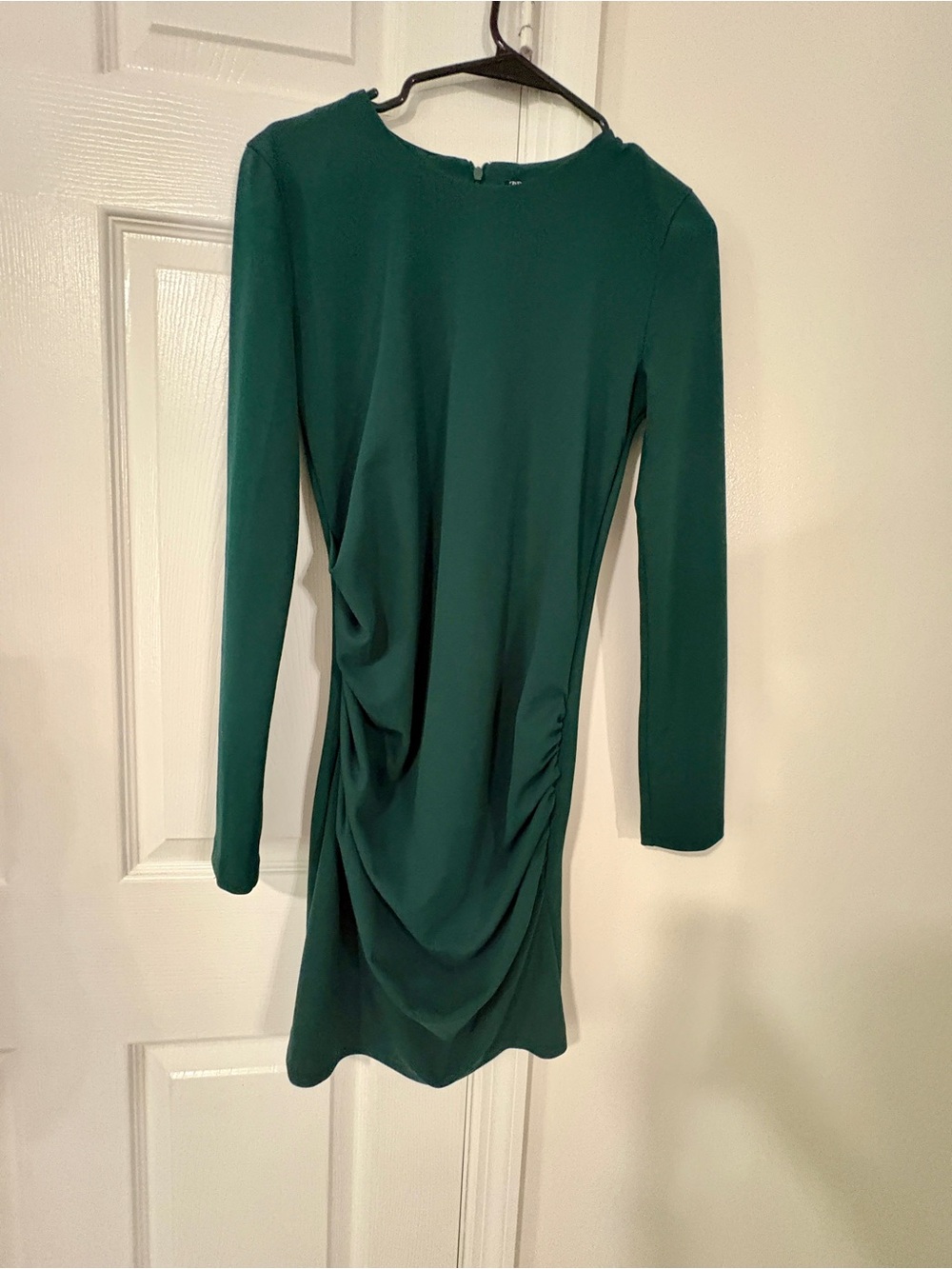 Zara Dark Green Long-Sleeve Ruched Mini Dress